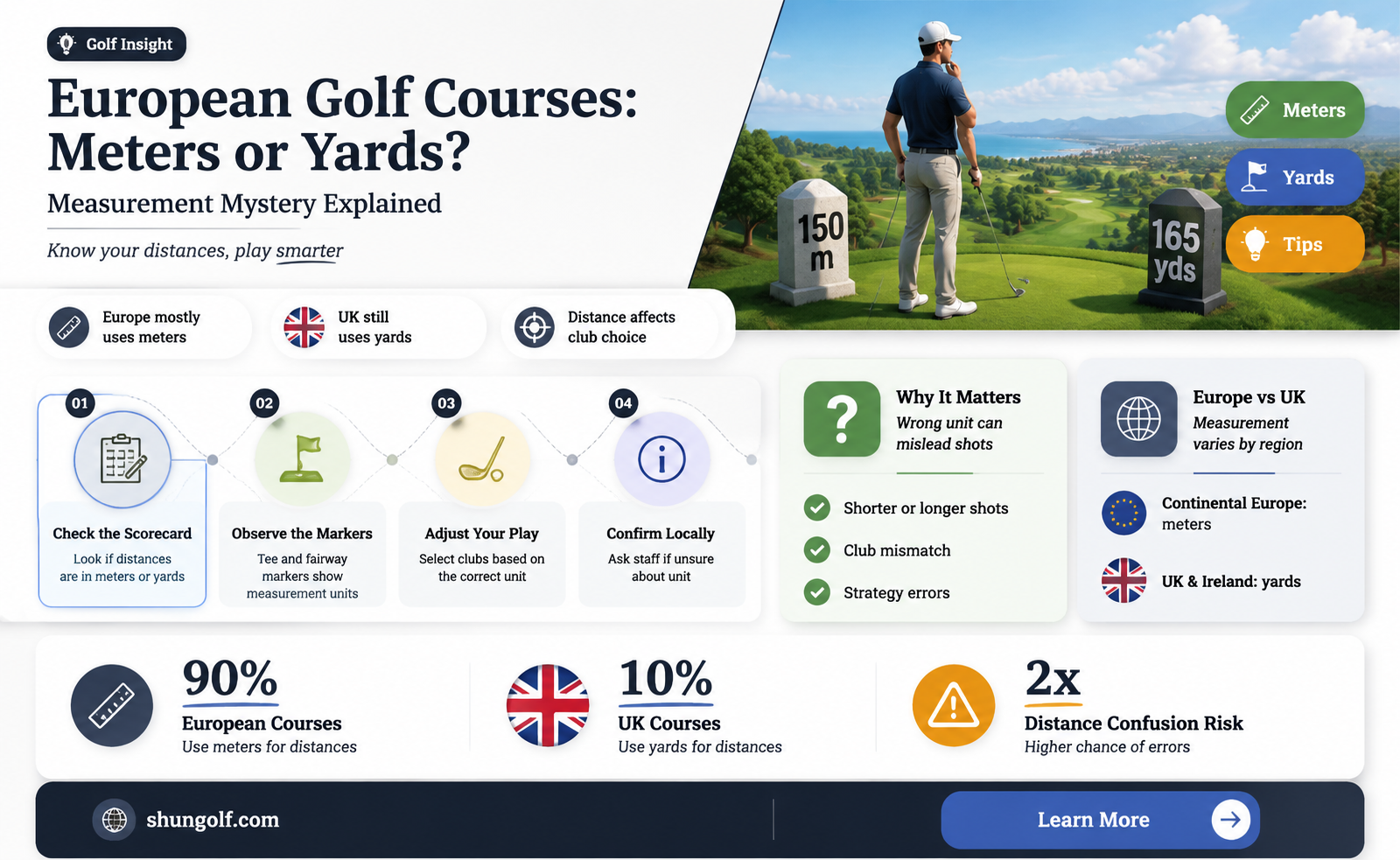are european golf courses measured in meters