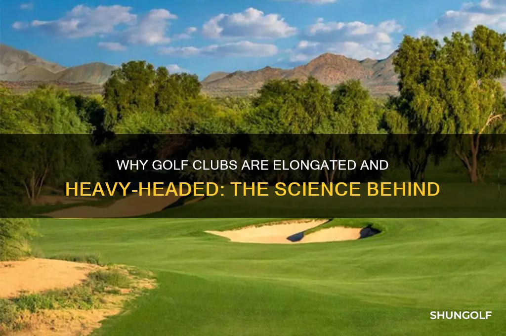 why is golf club elongated and have a heavy head